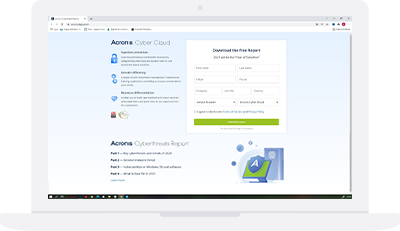 Laptop showing the Acronis Cyber Cloud landing page and the form to download the report