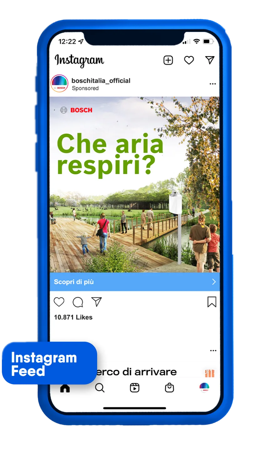 Smartphone showing a sponsored Instagram post by Bosch Italia: “Che aria respiri?” (What air are you breathing?)