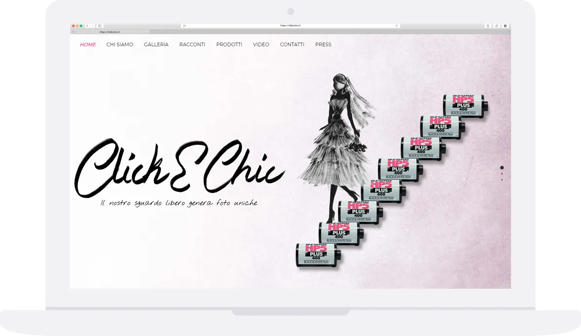 Laptop showing the Click e Chic home page: calligraphic logo and an illustration of a bride