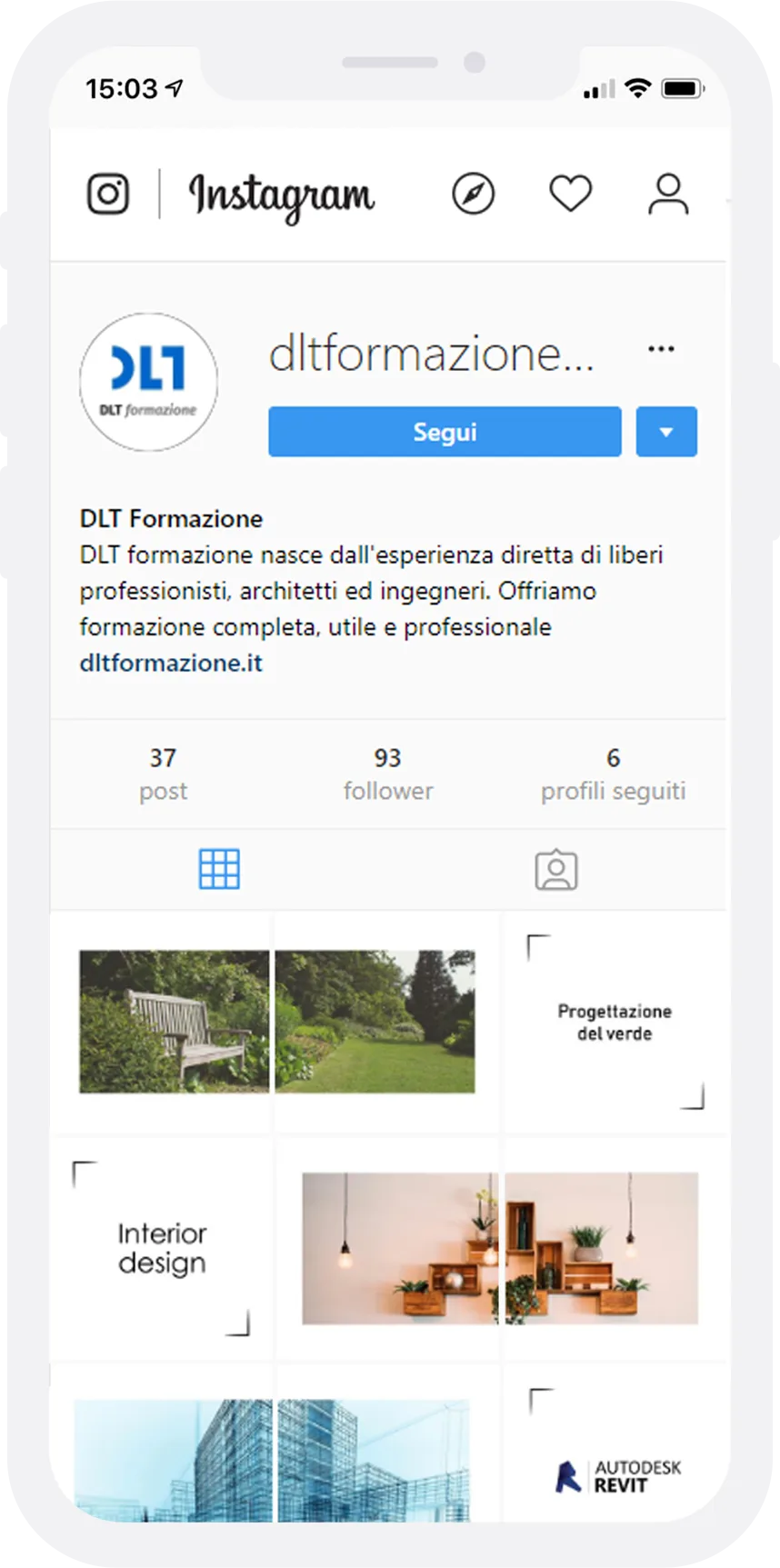 Smartphone showing the DLT Formazione Instagram profile