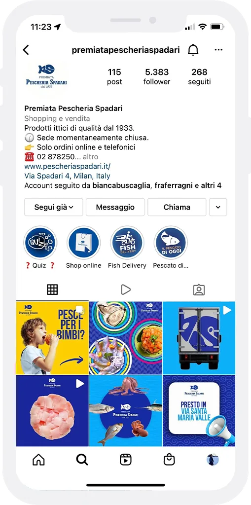 Smartphone showing the Premiata Pescheria Spadari Instagram profile
