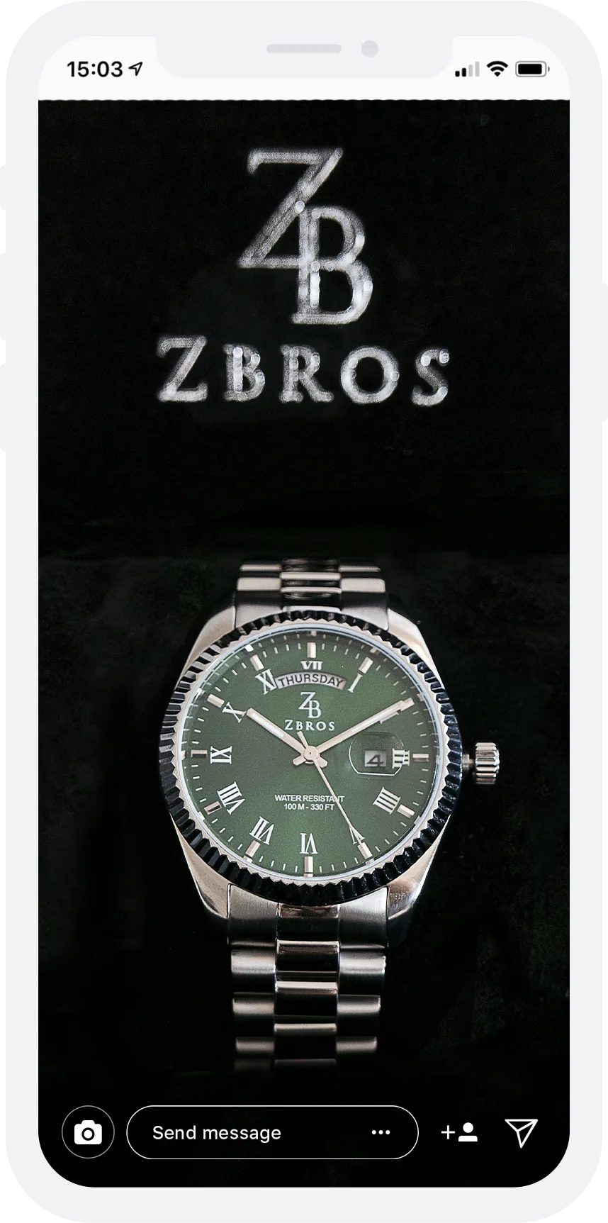 Smartphone showing a ZBros Instagram story: a watch with a green dial on black velvet