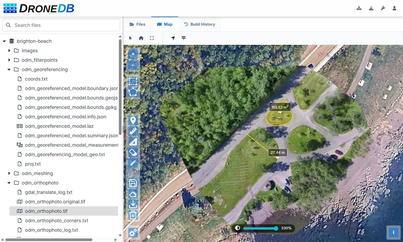 DroneDB Hub: file tree and orthophoto with area and distance measurements