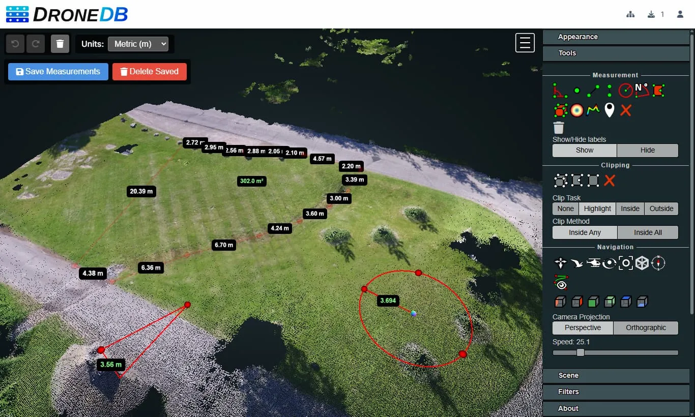 DroneDB point cloud viewer with measuring tools