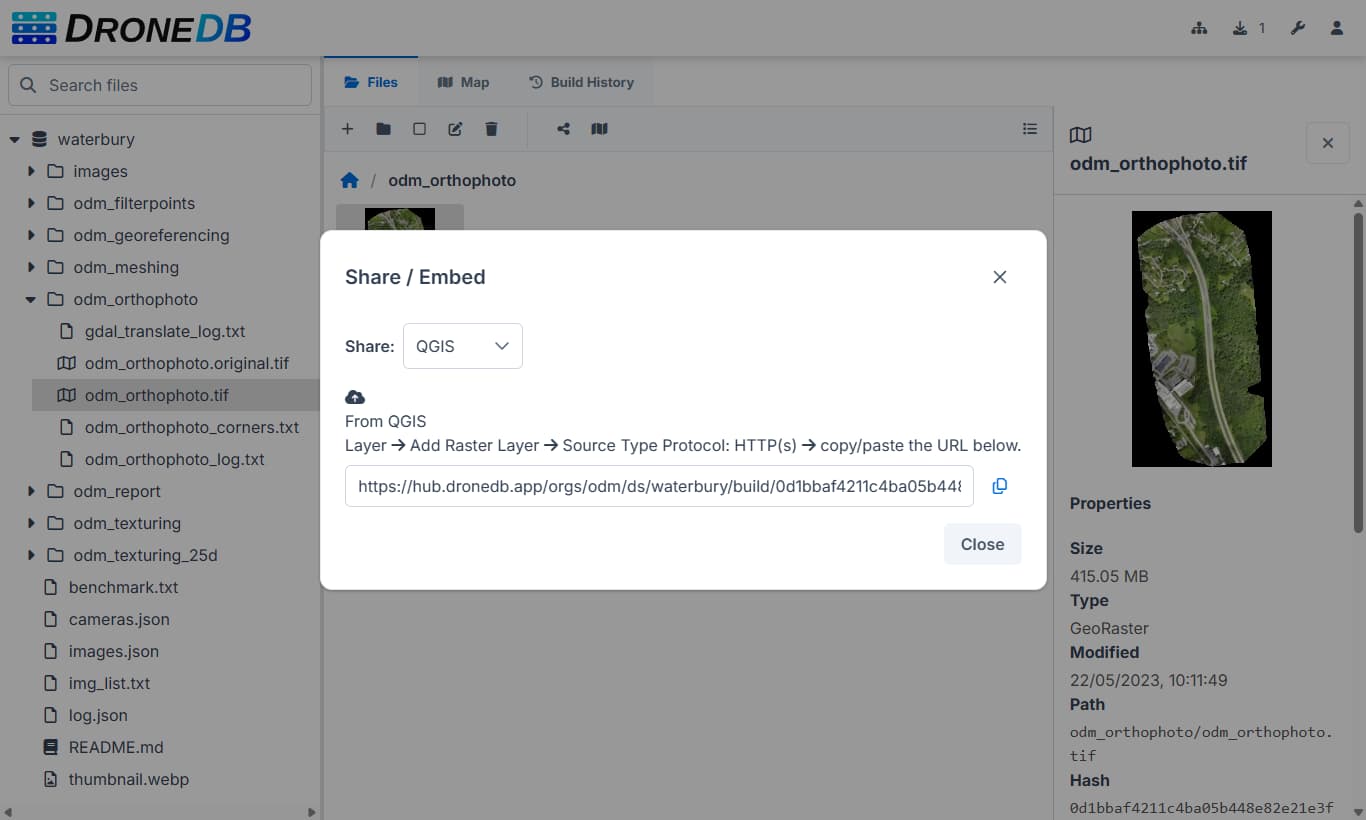 DroneDB sharing dialog with the layer URL for QGIS