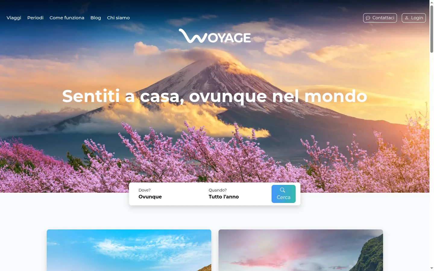 Woyage home page: “Sentiti a casa, ovunque nel mondo” (Feel at home, anywhere in the world) with the trip search bar