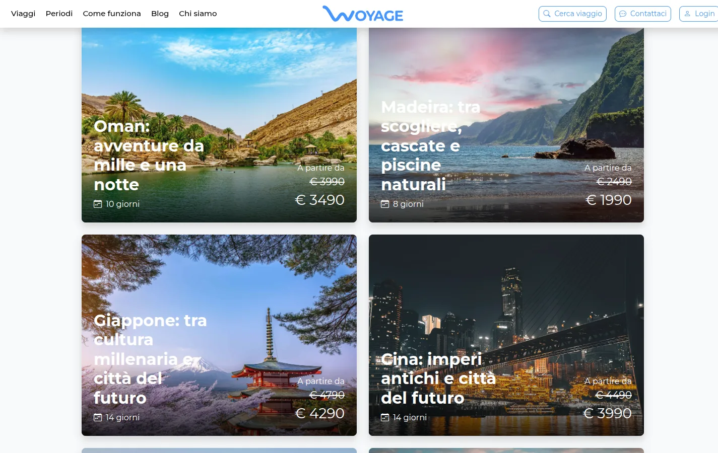 Woyage trip cards for Oman, Madeira, Japan and China with prices